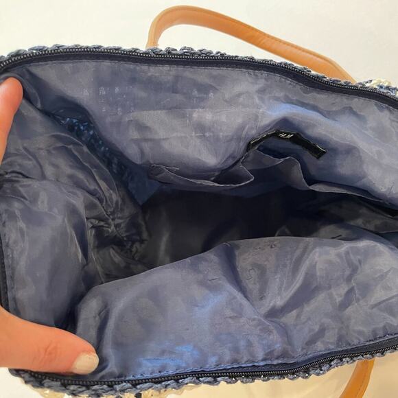 H&M Navy & Ivory Boho Raffia Straw Tote Shoulder Beach Bag Lined, Beige Handles - Picture 6 of 15